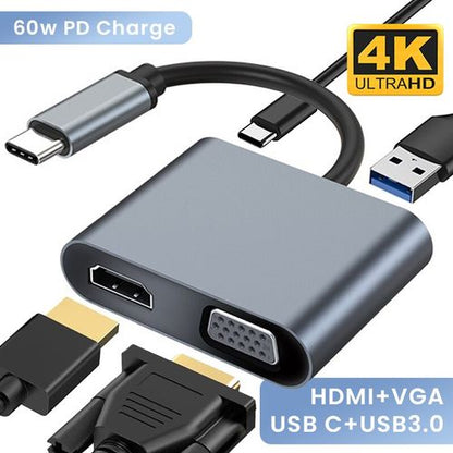 4 In 1 Type-c+HDMI+VGA+PD Charging+USB 3.0 Adapter Docking Station Hub